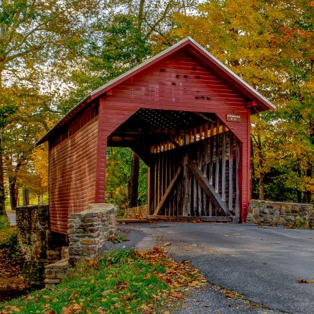 Fall scene of red covered bridge, trees and stream in Maryland.