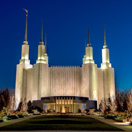 Night image of Mormon Latter Day Saints Temple in Kensington, Maryland.