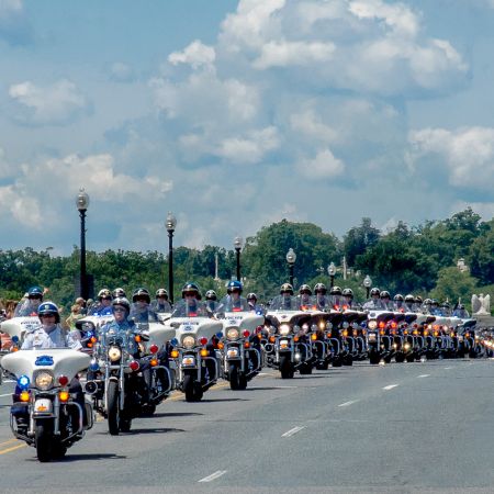 Beginning of Rolling Thunder procession across Memorial Bridge in Washington, D.C.