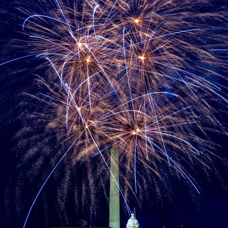 Fourth of July fireworks over Lincoln Memorial, Capitol and Washington Monument in Washington, D.C.