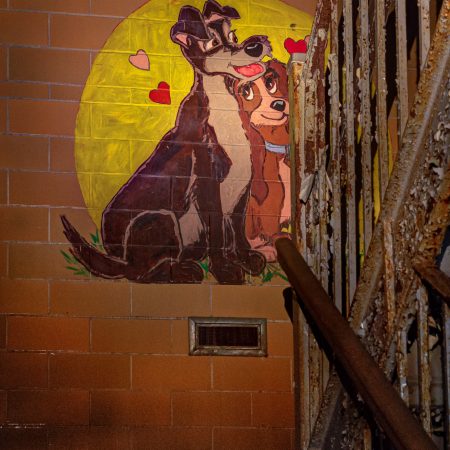 Lightpainted Lady and the Tramp mural in staircase landing of Weston, West Virginia Trans-Allegheny Lunatic Asylum.