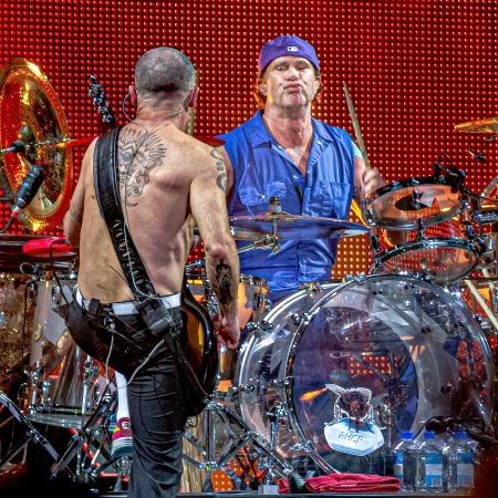 Flea and Chad Smith perform on stage for a Red Hot Chili Peppers concert at Verizon Center.